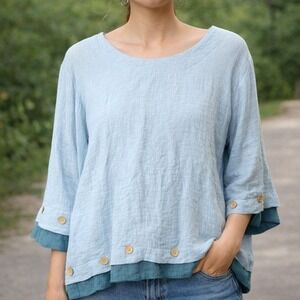 Norm Thompson Womens XL Blue Layered Button Accent 3/4‎ Sleeve Lagenlook Top